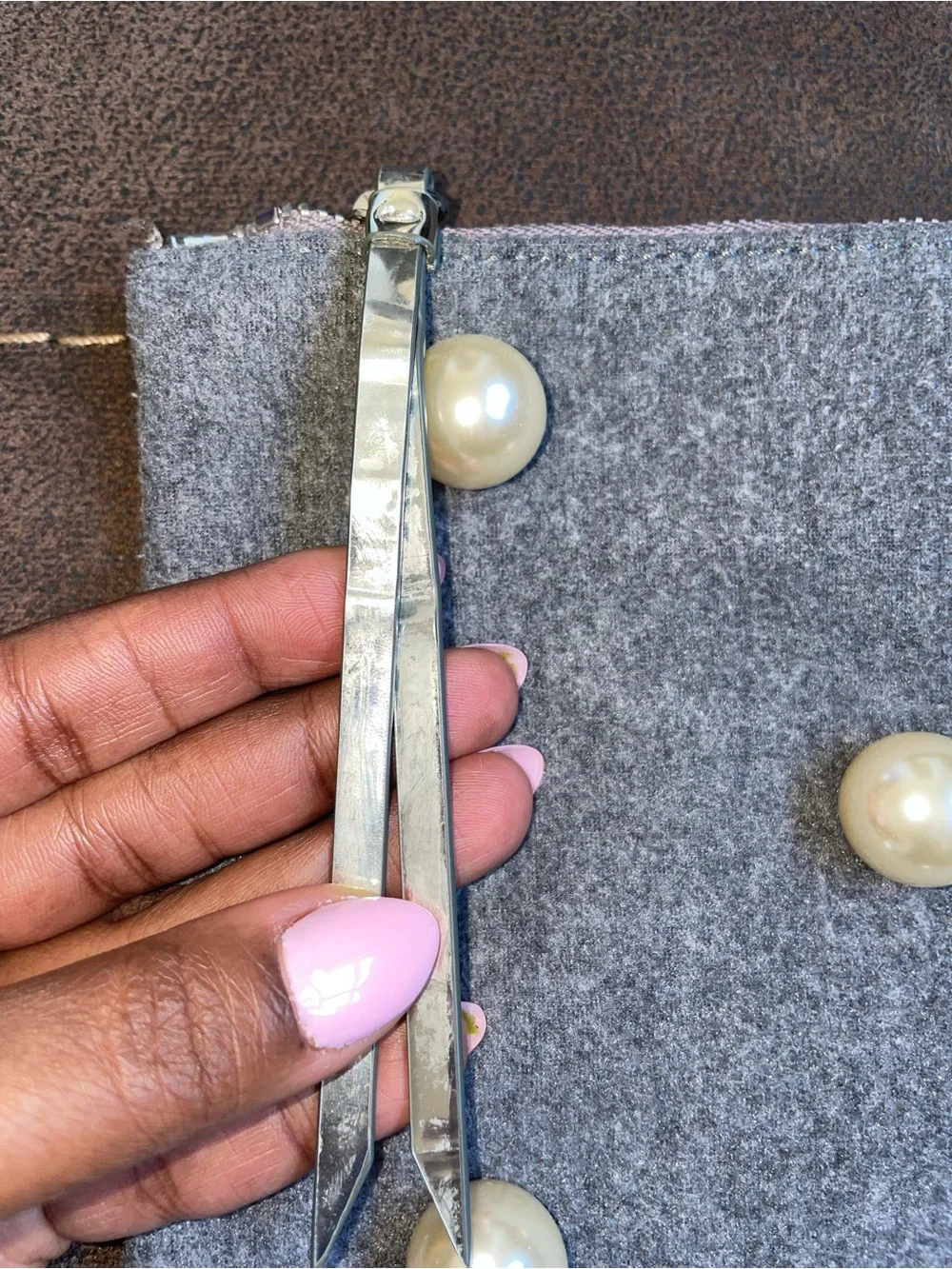 Banana Republic Gray Felt Pearl Wristlet Clutch Pouch